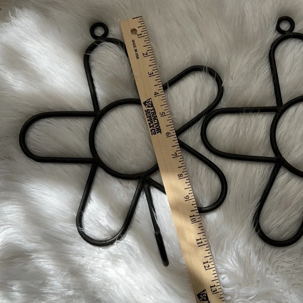 Set of 2 Vintage Wrought Iron Floral Flower Shape Hooks Hangers